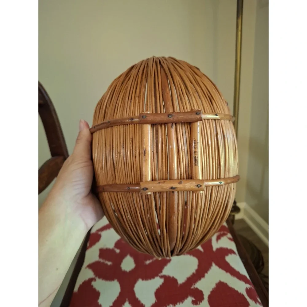 Vintage MCM Handmade Bamboo and Rattan Boat Shaped Fruit Basket With Handle
